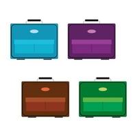 Set of four multicolored bag on white background. Suitcase for journey trip in flat style. Vector illustration