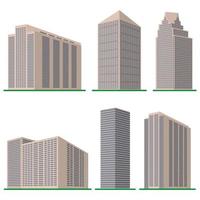 Set of six modern high-rise building on a white background. View of the building from the bottom. Isometric vector illustration.