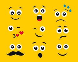 caras de dibujos animados con emociones sobre fondo amarillo. conjunto de nueve emoticonos diferentes. ilustración vectorial vector