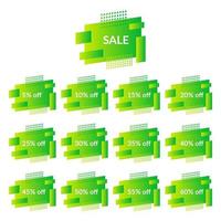 Set of green sale banners on the modern gradient shape. Geometric trendy banners with discounts of five to sixty percent vector