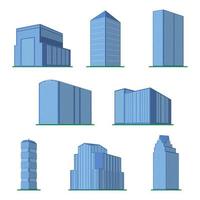 Set of eight modern high-rise building on a white background. View of the building from the bottom. Isometric vector illustration.