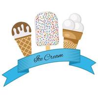 Three different ice cream wrapped in blue ribbon with the inscription ice cream. Vector illustration