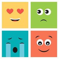 conjunto de cuatro vistoso emoticones con sonriente amar, sorprendido alegre, llorando y insatisfecho caras. emoji icono en cuadrado. plano antecedentes modelo. vector ilustración