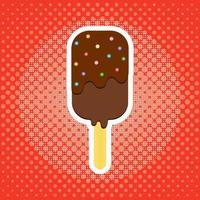 Pop Art Ice Cream Dessert on a Wooden Stick. Ice Cream on a Red Vintage Background vector