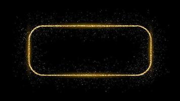 Golden rounded rectangle frame with glitter, sparkles and flares on dark background. Empty luxury backdrop. Vector illustration.