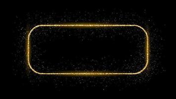 Golden rounded rectangle frame with glitter, sparkles and flares on dark background. Empty luxury backdrop. Vector illustration.