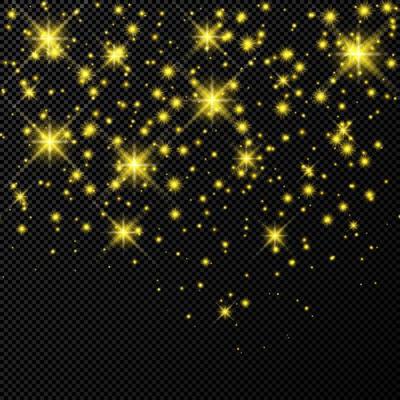Gold backdrop with stars and dust sparkles isolated on dark transparent background. Celebratory magical Christmas shining light effect. Vector illustration