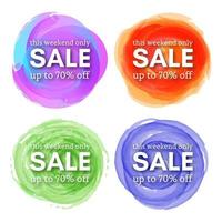 Set of Four Sale this weekend only up to 70 off sign with shadow over red watercolor spot. Vector illustration.