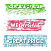 Clearance Sale, Mega Sale, Great Price. Set of three sale banners on the colorful painted spots. Vector illustration