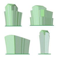 Set of four modern high-rise building on a white background. View of the building from the bottom. Isometric vector illustration.