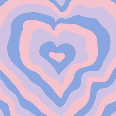 Heart shapes concentric colorful wavy stripes vector background. Psychedelic hearts pattern on pastel pink, purple and blue colors. Seventies style, groovy backdrop. Trendy template for social media