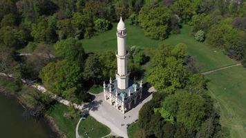 Aerial backwards revealing view of minaret in Lednice video