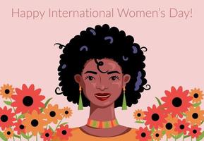 A Women's Day invitation with African black woman in fancy orange dressing and accessories, smiling girl. Vector portrait, black ethnicity, girl's day greeting card with text and flowers.