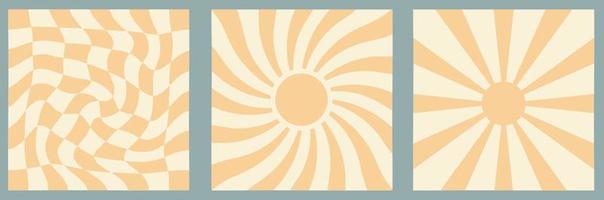 Three groovy backgrounds with distorted chessboard, wavy sunny beams and straight sunny beams, in 1970s old fashioned style, colored backdrops. vector