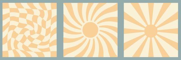 Three groovy backgrounds with distorted chessboard, wavy sunny beams and straight sunny beams, in 1970s old fashioned style, colored backdrops. vector