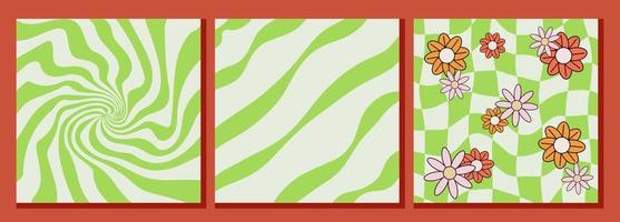 Three groovy templates, green backdrops with distorted spiral, diagonal lines and chess board with flowers, vector retro backgrounds in 1970s style.