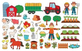 Vector illustration color children of Farming supplies and equipment with Farmers, barn, animals, and tractor. Farm concept with plants, fruits, vegetables and other organic products