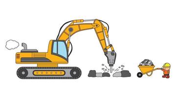 Hand drawn color children construction drilling machine excavator with rocks and construction worker vector