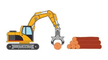 Vector illustration color children construction hydraulic grabber claw excavator with wood logs and construction worker