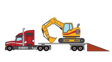 Vector illustration color children construction trailer truck with mini excavator