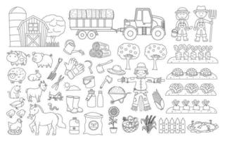 Hand drawn color children Vector illustration of Farming supplies and equipment with Farmers, barn, animals, and tractor. Farm concept with plants, fruits, vegetables and other organic products