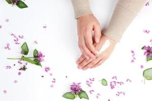 two female hands and a thick cream, top view photo