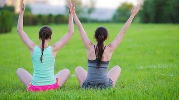 Young active fitness women doing exercises outdoors. Two sporty girls play sports in narure in the park video