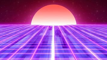 abstrakt lila glühend Neon- Laser- Gitter retro futuristisch hoch Technik von 80er, 90er Jahre mit Energie Linien auf Oberfläche und Horizont mit Sonne, abstrakt Hintergrund. Video 4k, Bewegung Design