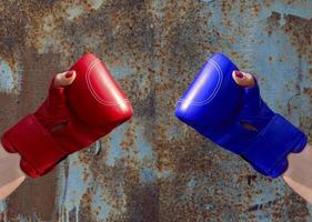 Two female hands in red and blue boxing gloves photo