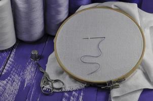 items for sewing and crafts hoop, thread, scissors photo