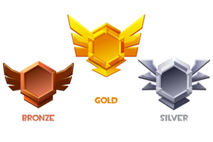 Set of game rank icons isolated. Bronze, silver and gold game badges buttons. Game Badges png