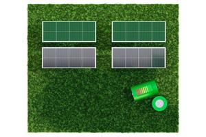 Blue solar panels or pv for electricity generation modern alternative energy solar power generation Energy in the ecosystem. 3d illustration. Top view with clipping path. photo