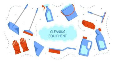 Set of cleaning products and accessories. Household cleaning products, gloves, brush, rag, sponge, dustpan. Vector illustration in a flat style.