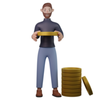 man holding coin stack 3d png