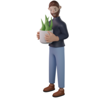 man holding a potted plant 3d png