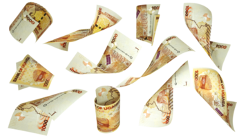 3D rendering of 1000 Ugandan shilling notes flying in different angles and orientations png