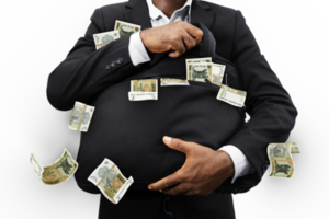 Black Businessman holding black bag full of new Moldovan leu notes, money falling from bag png