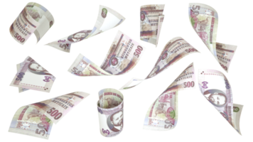 3D rendering of 500 Mozambican metical notes flying in different angles and orientations png