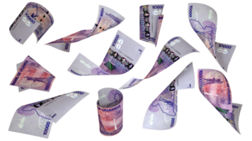 3D rendering of 10000 Ugandan shilling notes flying in different angles and orientations png