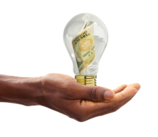 Black Hand holding 3d rendered Moldovan leu note inside transparent light bulb, creative thinking. Making money by solving problem. Having idea concept png