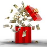 3D rendering of A lot of Moldovan leu notes coming out of an opened red gift box png