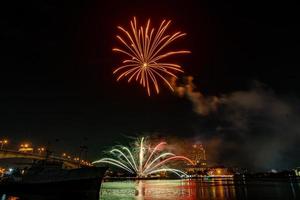 fireworks on the river in the dark sky photo