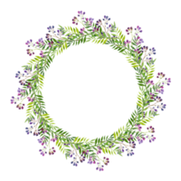 Bright delicate wreath of branches of violet flowers and green leaves, watercolor illustration. png