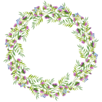 wreath of branches of purple flowers and green leaves, blue berries, watercolor illustration. png