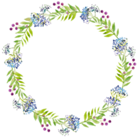 krans van takken van Purper bloemen en groen bladeren, blauw bessen, waterverf illustratie. png