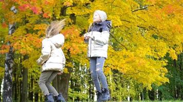 Little adorable girls at warm day in autumn park outdoors video