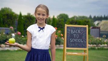 glückliches kleines Schulmädchen mit einer Tafel im Freien video