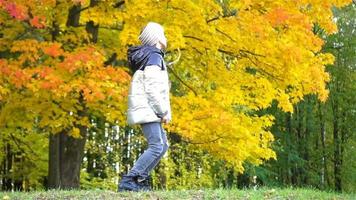 portrait d'une adorable petite fille au bouquet de feuilles jaunes à l'automne video