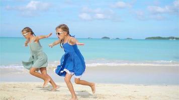 liten Lycklig rolig flickor ha en massa av roligt på tropisk strand spelar tillsammans. video