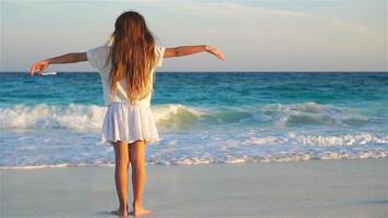 aanbiddelijk gelukkig weinig meisje Aan wit strand op zoek Aan de oceaan. luidruchtig zee en een klein schattig kind video